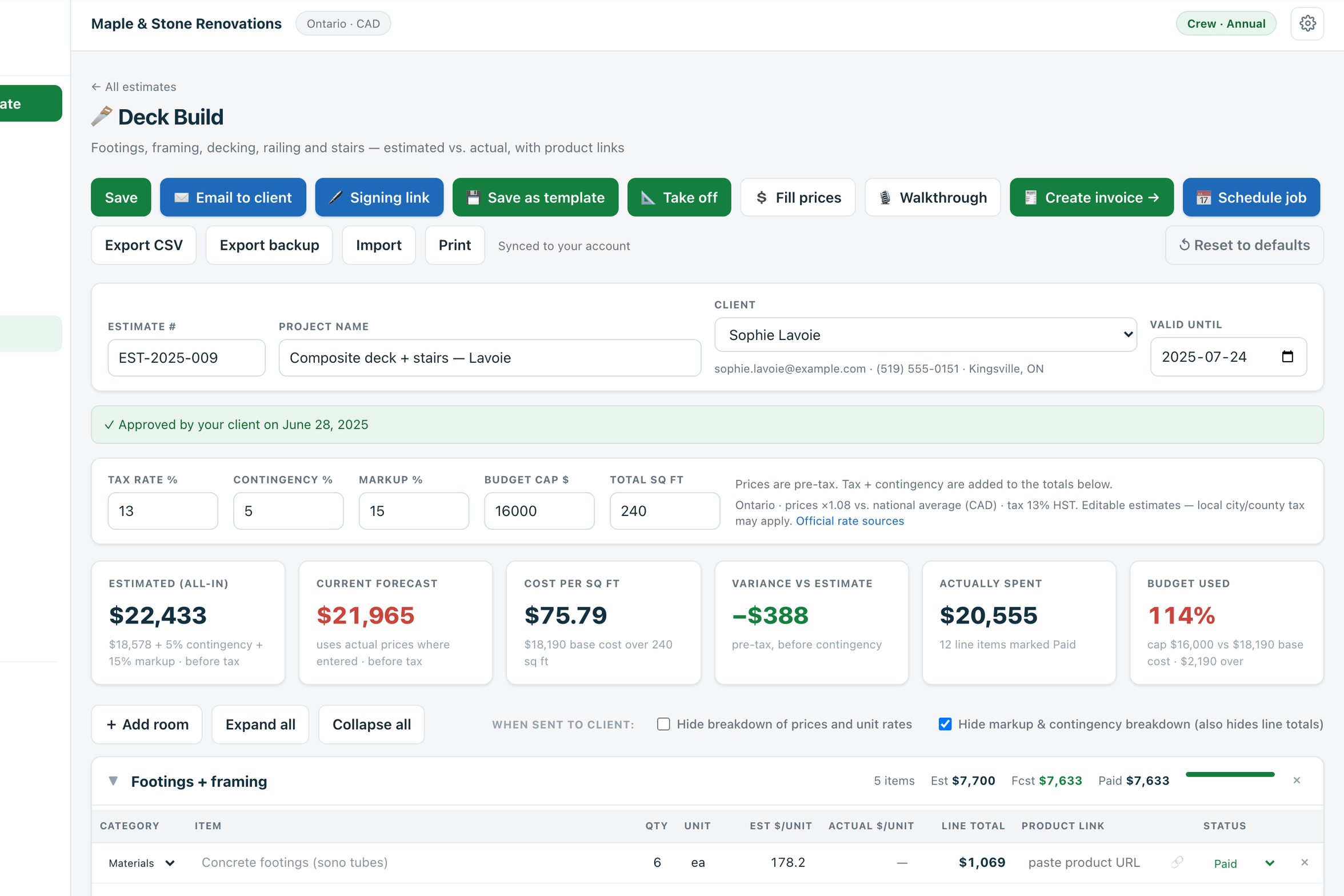 A deck estimate open in Estiquik
